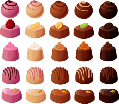Vector illustration of various kinds of filled chocolate truffles, pralines and bonbons isolated on a white background clipart