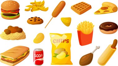 Vector illustration of various unhealthy fast food items isolated on white background. clipart