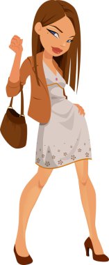 Beyaz arka planda izole edilmiş şık elbiseli güzel bir genç kadının vektör çizimi