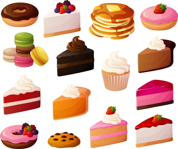 在白色背景下分离的各种甜甜点和蛋糕的矢量图解 — 图库矢量图片