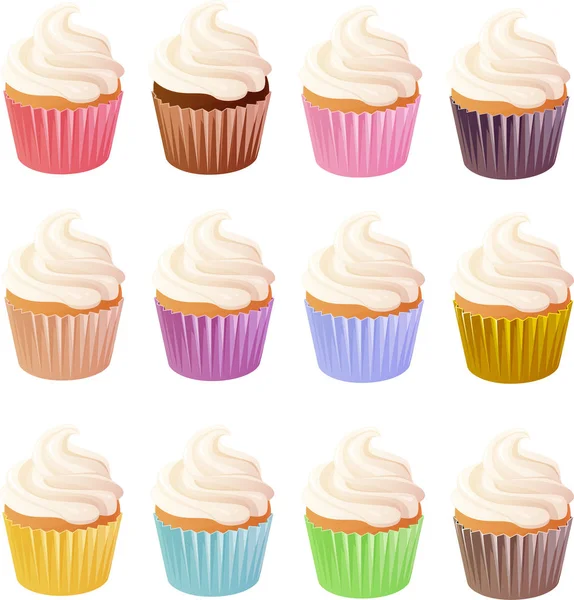 Vektor Illustration Verschiedener Cupcakes Mit Vanillezuckerguss Isoliert Auf Weißem Hintergrund — Stockvektor