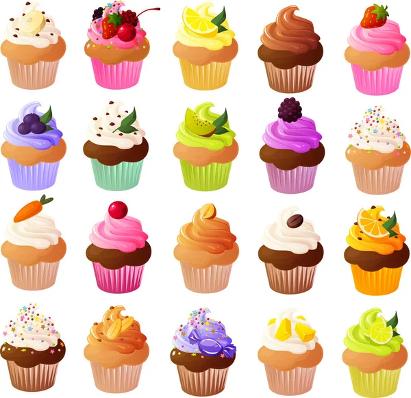 Vector Illustratie Van Mooie Cupcakes Met Garnering Geïsoleerd Witte Achtergrond — Stockvector