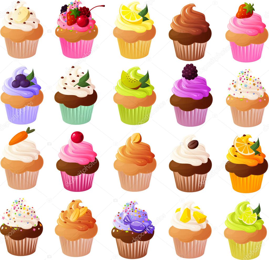 Vector illustration of pretty cup cakes with garnish isolated on white background