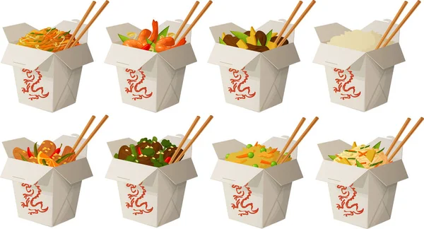 Векторна Ілюстрація Різних Азіатських Китайців Подає Їжу Коробках — стоковий вектор