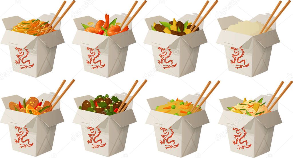 Vector illustration of various Asian Chinese take out foods in boxes.