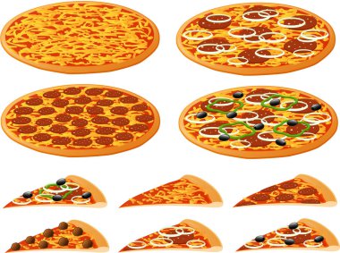 Beyaz arka planda izole edilmiş ince kabuklu New York usulü pizzanın vektör çizimi