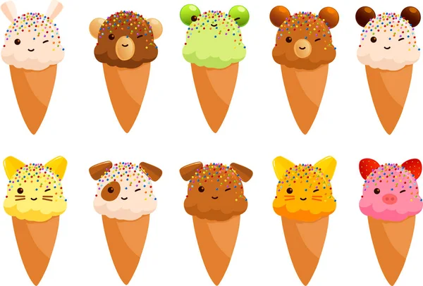 Ilustración Vectorial Helados Animales Lindos — Vector de stock