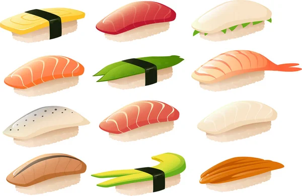 Vektor Illustration Verschiedener Arten Von Nigiri Sushi Isoliert Auf Weißem — Stockvektor