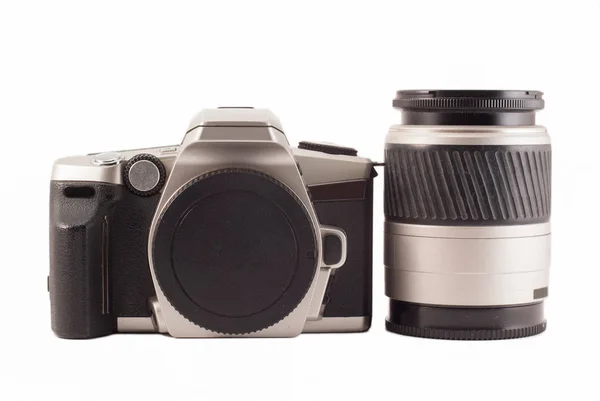 35 mm analoge camera op een witte achtergrond. Filmcamera. — Stockfoto