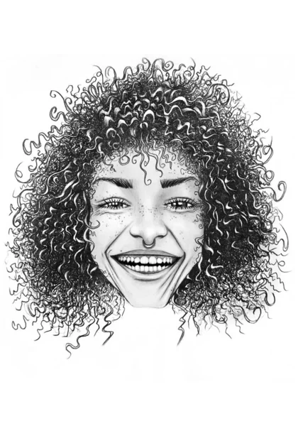 손으로 곱슬머리 소녀의 초상화 스케치 — 스톡 사진