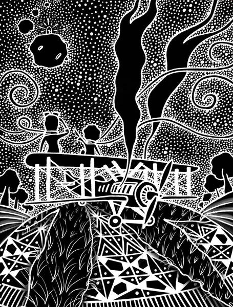 The little Prince on the plane with pilot.Hand drawn.Black and white story drawing. - Illustration