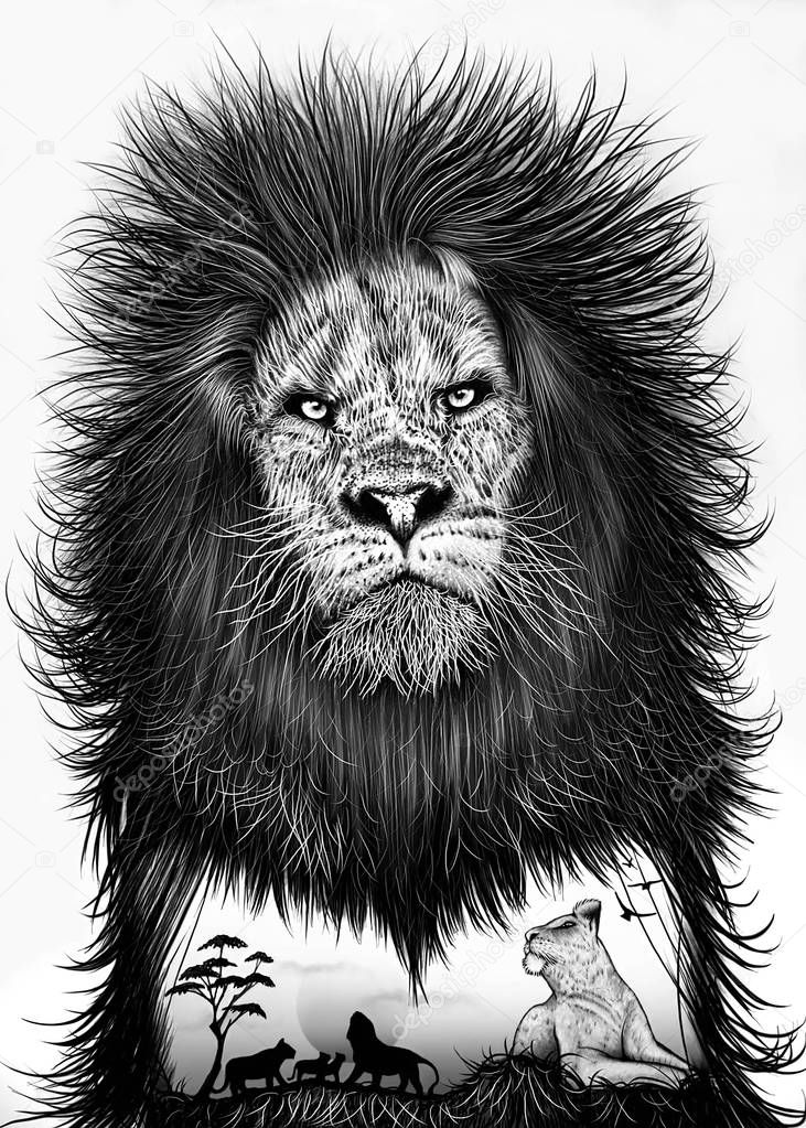 Hand drawn Lion.Animal drawing.Nature. Wildlife sketch. Tiger silhouette -  Illustration