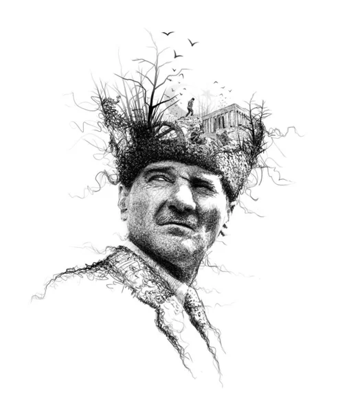 Mustafa Kemal Ataturk Koláž Ilustrace Prezident Turecka Leader Kresba — Stock fotografie