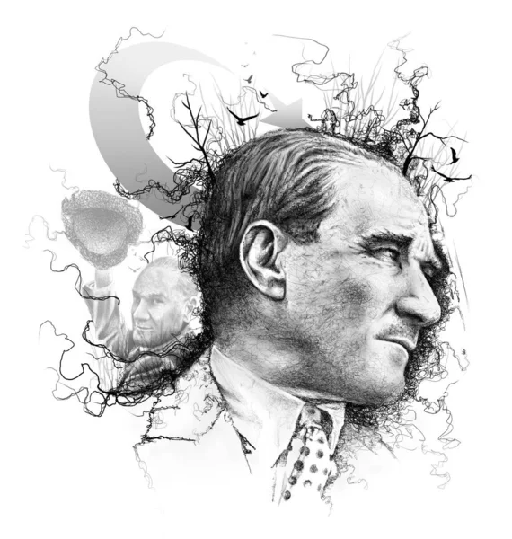 Mustafa Kemal Ataturk Kollázs Illusztráció Török Elnök Vezető Rajz — Stock Fotó