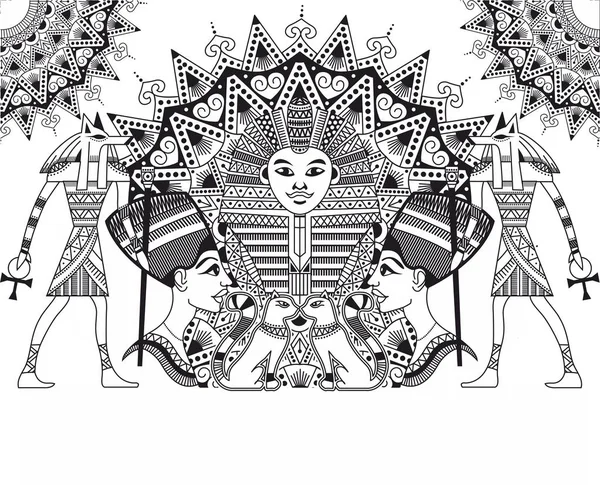 Símbolos Egipcios Con Mandala Ornamento Patrón Étnico Anubis Cleopatra Faraón — Vector de stock