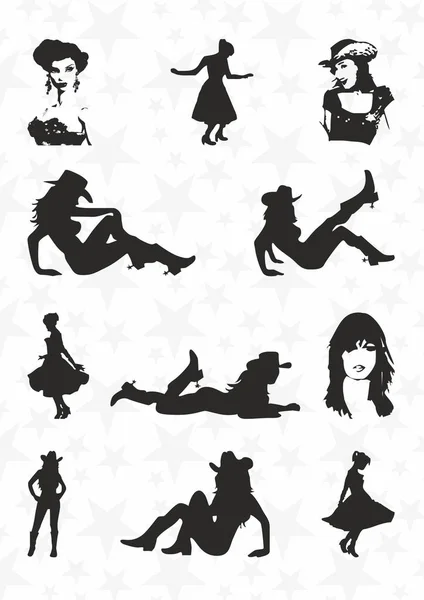 Batılı Kovboy kızların siluetleri. Vektör İllüstrasyonu - beyaz arkaplanda izole