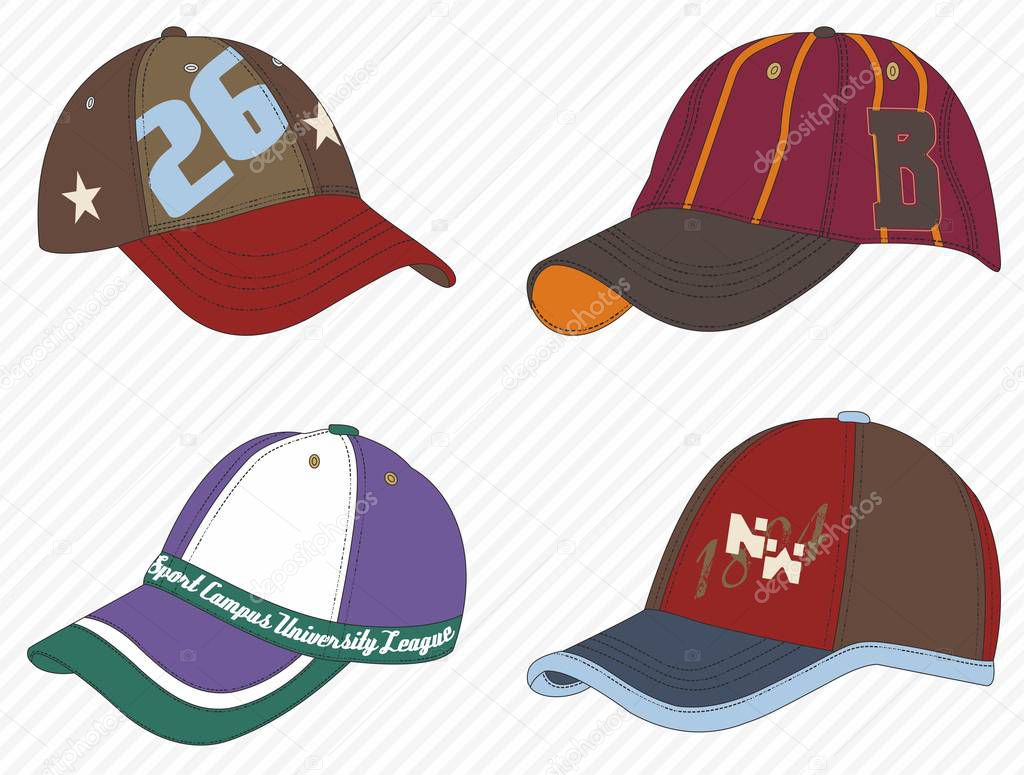 Colorful sport caps. Men accesories, women fashion, headwear, sportive hat. Baseball cap. - Vector