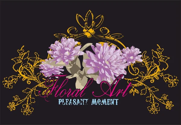 Süslü altın çiçekler, siyah arka planda sevimli bir tost çiçeği. Yapraklı sarı çiçek deseni. - Vektör