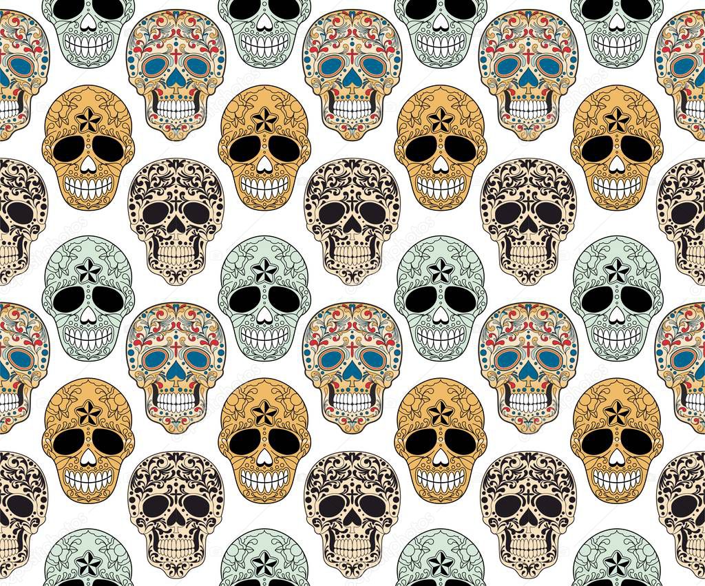 Colorful Skull with ornamental pattern.Halloween.Seamless modern abstract background. - vector