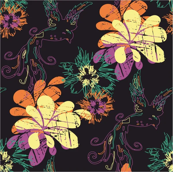 Patrón Floral Inconsútil Color Aislado Sobre Fondo Negro Motivo Flores — Archivo Imágenes Vectoriales