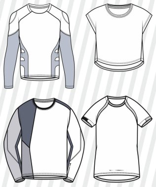 Spor kıyafetleri vektör seti. Kıyafet şablonları, tekstil tasvirleri. Tişört, pantolon, şort..