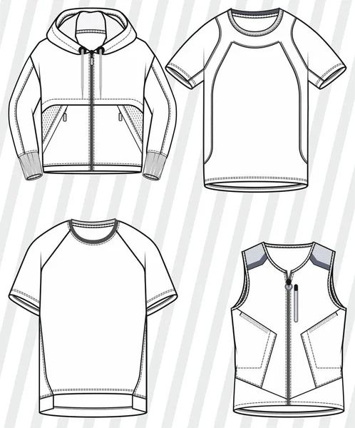 Juego Vectores Desgaste Deportivo Plantillas Ropa Ilustración Maqueta Textil Camiseta — Vector de stock