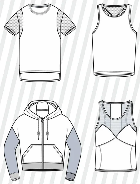 Spor kıyafetleri vektör seti. Kıyafet şablonları, tekstil tasvirleri. Tişört, pantolon, şort..