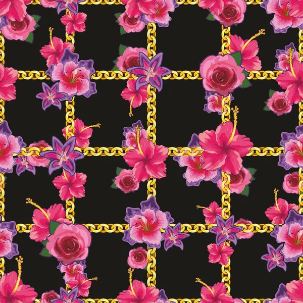 粉红色的玫瑰和百合花图案 黑色背景上的金链 — 图库矢量图片