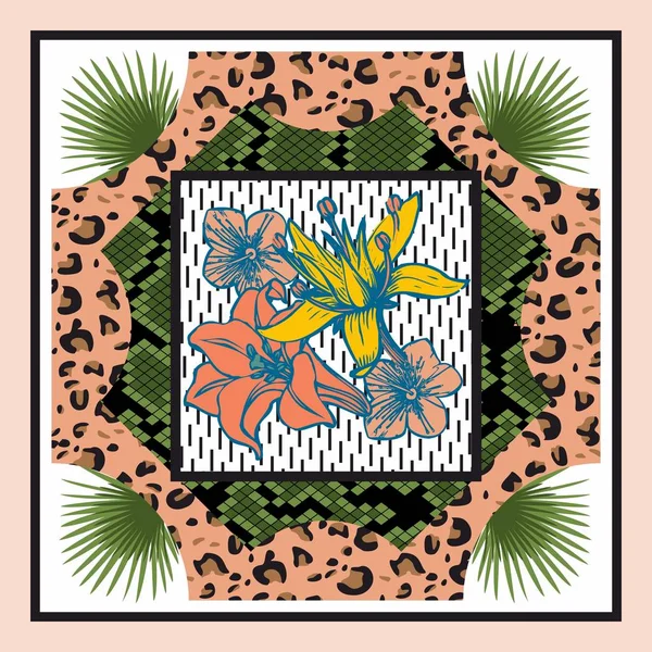 Леопард Узор Змеиной Кожи Красочные Цветы Фон Шаль Бандана Шарф — стоковый вектор