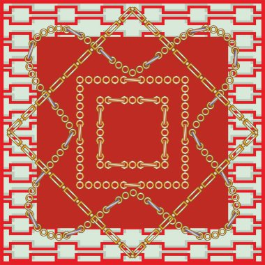 Geometrik arkaplanda altın zincir vektör deseni. Şal, eşarp, bandana, kumaş için mendil izi.