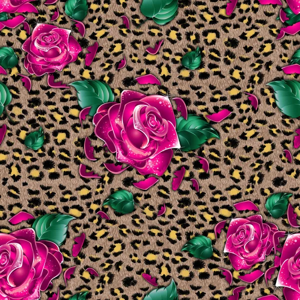 Dikensiz gül çiçekli leopar derisi. Hayvan kürkü desenli. Çiçek arkaplan. - Resim.