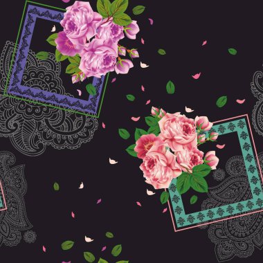 Siyah arka planda beyaz şal desenli renkli çiçekler. Geleneksel, etnik, doğulu şekiller. Geometrik çerçeveler. Yapraklar. - vektör