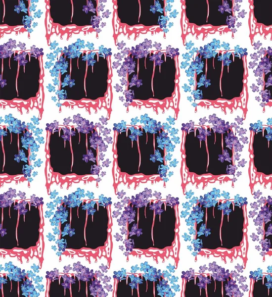 黒い枠に青と紫の小さな花 布や紙の印刷のための花シームレスパターン ベクトル — ストックベクタ
