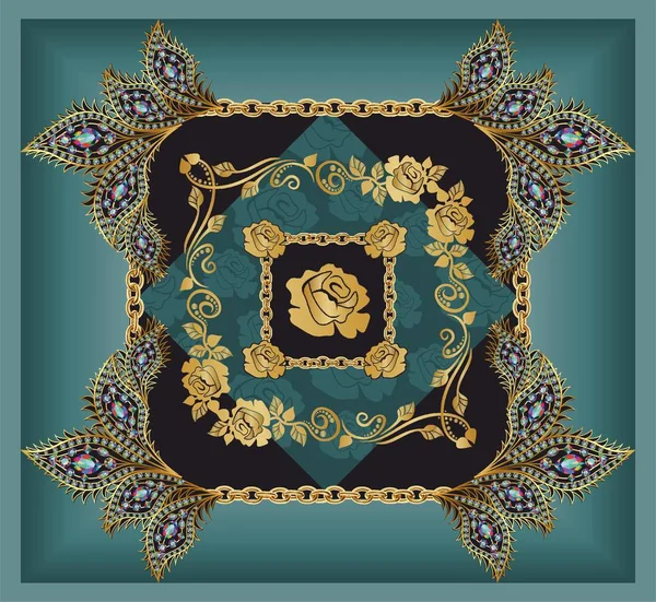 Süslü çiçek deseni. Altın çiçekler ve zincir arka plan. Bandana, atkı, şal, mendil izi. - vektör