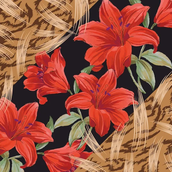 Цветочный Узор Лилия Черном Фоне Вектор — стоковый вектор