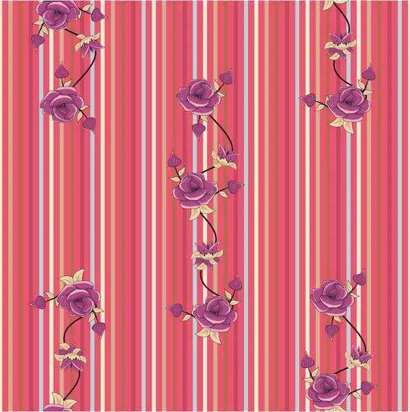 Vector Purple Roses Colorful Stripes Background Floral Seamless Pattern Textil — Stock Vector