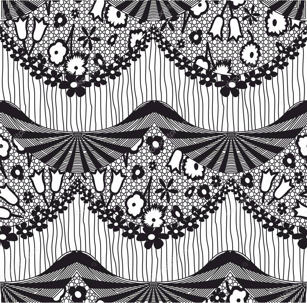 Monochrome lace pattern with black floral blossom. Textile theme for fabric. - vector