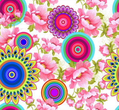 Güllerle dolu renkli geometrik arkaplan. Geleneksel, etnik dijital baskı. - Resim.