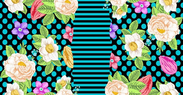 Multicolor Floral Sem Costura Pattern Stripe Polka Dots Tecido Print — Fotografia de Stock