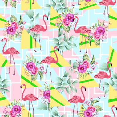 Pembe çiçekli ve geometrik şekilli tropik hayvan deseni. Flamingo kusursuz bir arka plan. - Resim.