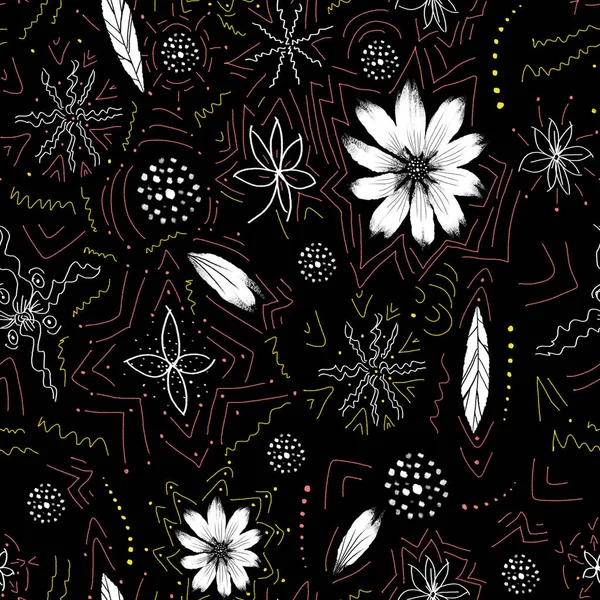 Kusursuz el çizimi çiçekler ve siyah arka planda izler. - Resim.