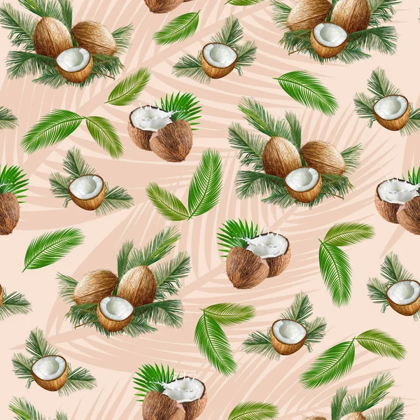 Hindistan cevizi ve palmiye yapraklı kusursuz çiçek deseni. - Resim.
