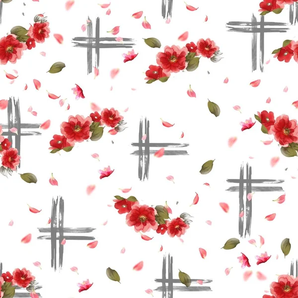 Flores Acuarela Roja Con Pinceladas Geométricas Sobre Fondo Blanco Ilustración — Foto de Stock