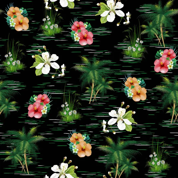 Тропический Милый Цветочный Узор Черном Фоне Листья Цветы Отпечаток Ткани — стоковое фото