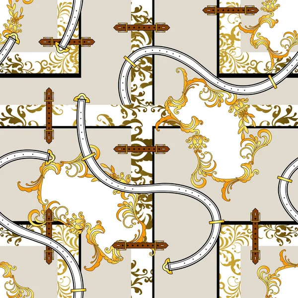 Altın rengi barok desenli, çiçek desenli, kemerli. Geometrik arkaplan. Kumaş için kusursuz desenli iz. Moda öğeleri. Tekstil rakamları. - Resim.
