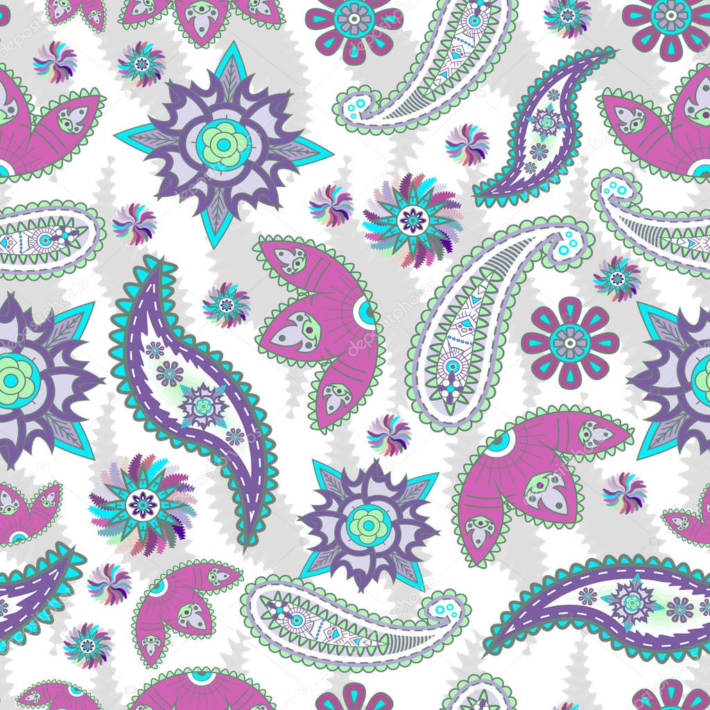 Colorful paisley pattern on white background. Floral print for fabric. - illustration