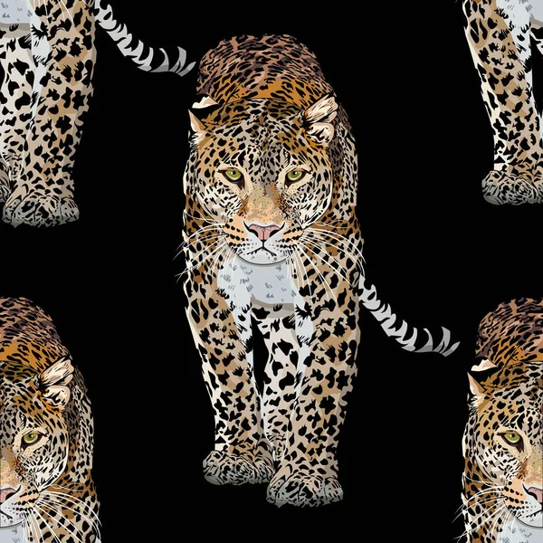 Vector Sketch Walks Leopard Seamless Leo Pattern Animal Print Wildlife — Stock vektor