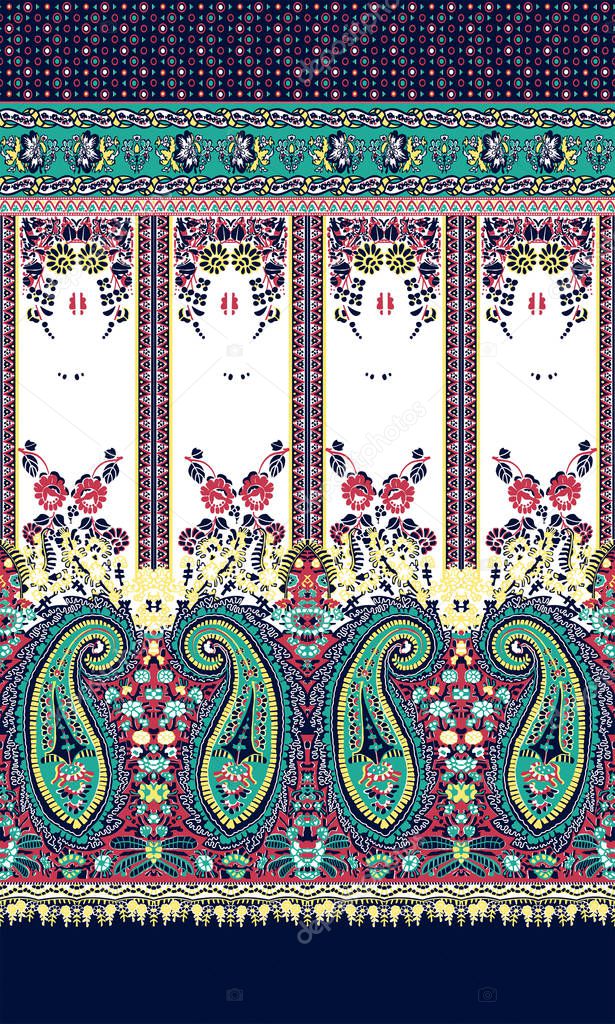 Traditional Paisley Floral Pattern for Fabric print. Textile fashion design. Oriental, ethnic, folk geometric background. - Illustration