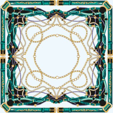 Süslü, geleneksel, etnik, bandana, şal, atkı, ipek, eşarp deseni. Moda kumaşı tasarımı. Tekstil rakamları. Altın zincirler ve kemerli aksesuarlar. - Resim.