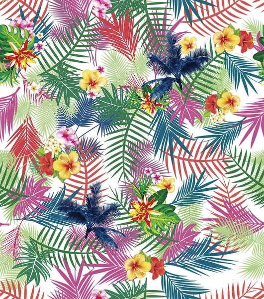 Цветные Пальмовые Листья Рисунок Белом Фоне Бесшовный Цветочный Фон Иллюстрация — стоковое фото